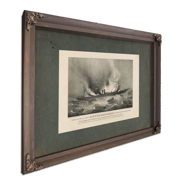 Burning of the Inman Line Steamship City of Montreal on Her Voyage From New — Bourbon Framed Canvas Print | Bella Frye