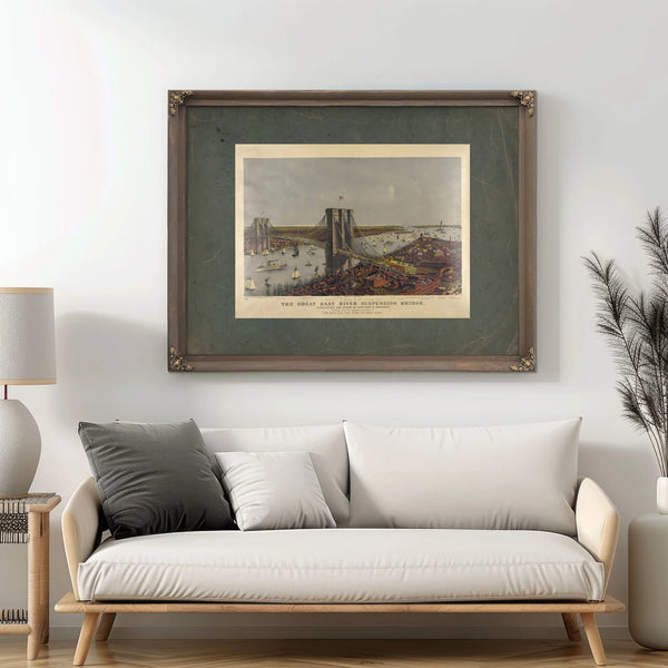 Grand Birds Eye View of the Great East River Suspension Bridge Connecting Th — Framed Wall Art Room View | Bella Frye