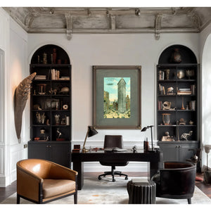 The Iron Sentinel Manhattans Wedge of Progress — Framed Wall Art Room View | Bella Frye