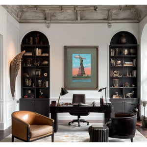 The Colossus and the Silver Leviathan Libertys Vigil at the Golden Door — Framed Wall Art Room View | Bella Frye