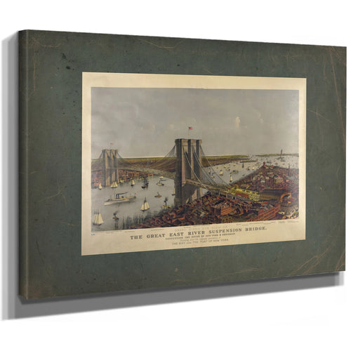 Grand Birds Eye View of the Great East River Suspension Bridge Connecting Th — Stretched Canvas Print | Bella Frye