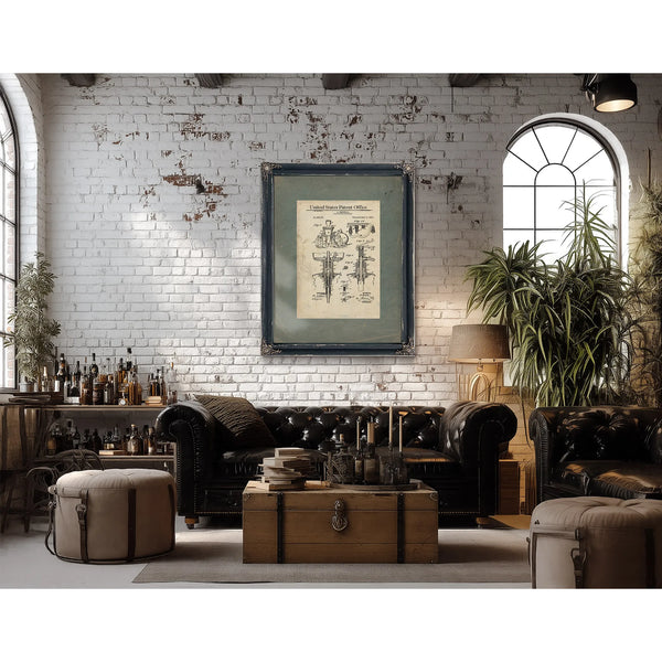 The Bertelli Apparatus Patent Blueprint for Carbonated Refreshment — Framed Wall Art Room View | Bella Frye
