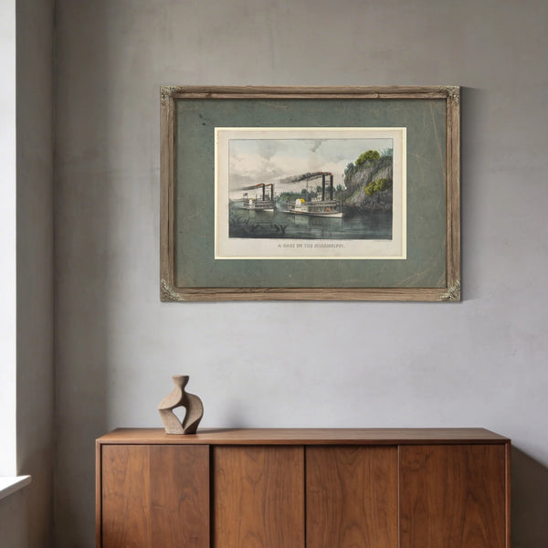 A Race on the Mississippi Currier Ives lithograph depicting steamboat race f — Framed Wall Art Room View | Bella Frye