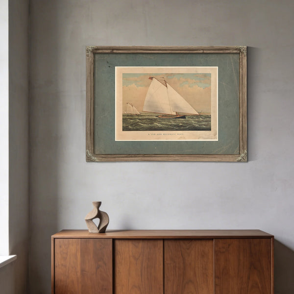 A Jib and Mainsail Race Currier Ives lithograph depicting American yacht r — Framed Wall Art Room View | Bella Frye