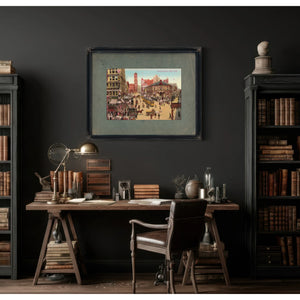 The Crossroads of Commerce Herald Squares Gilded Chaos — Framed Wall Art Room View | Bella Frye