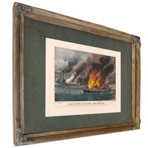 Destruction of the Rebel Ram Arkansas_ by the United States Gunboat Essex on — Verdigris Framed Canvas Print | Bella Frye