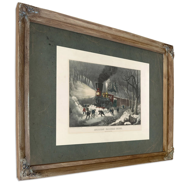 American Railroad Scene_ Snowbound 1871 — Verdigris Framed Canvas Print | Bella Frye