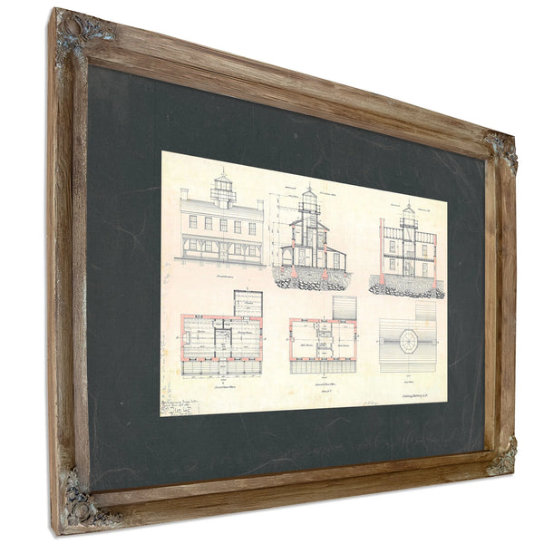 The Keepers Blueprint Fishing Battery Light Station Engineering Drawings — Verdigris Framed Canvas Print | Bella Frye
