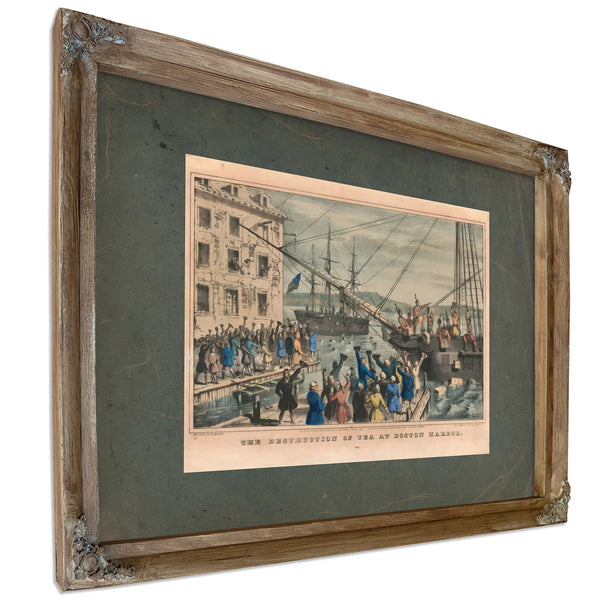 Destruction of Tea at Boston Harbor 1846 — Verdigris Framed Canvas Print | Bella Frye