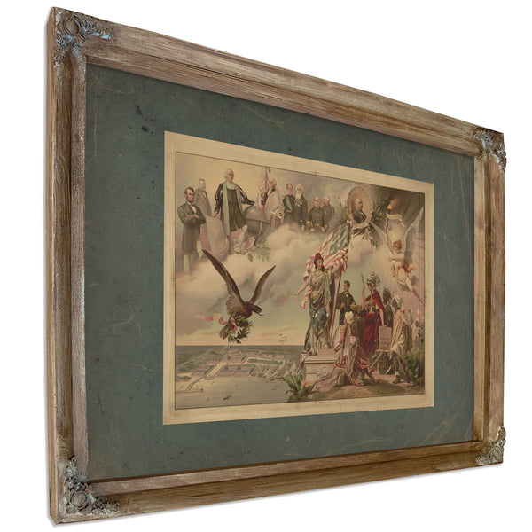 Depiction of Chicago Worlds Fair in Lower Left Allegorical Figures on the Ri — Verdigris Framed Canvas Print | Bella Frye