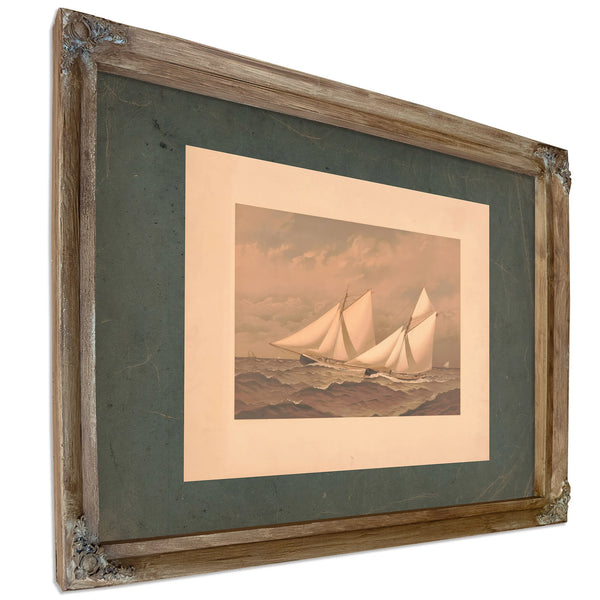 American Yachts Extra Plate for the Americas Cup 1885 Near the Finish Purtia — Verdigris Framed Canvas Print | Bella Frye