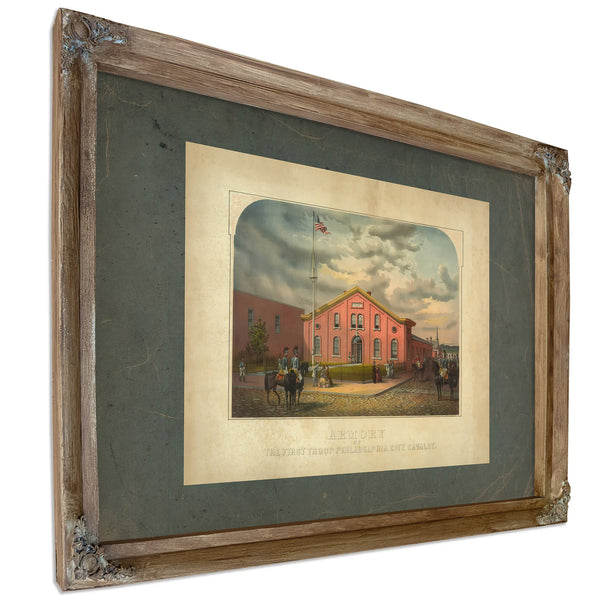 Armory of the First Troop Philadelphia City Cavalry 1863 — Verdigris Framed Canvas Print | Bella Frye
