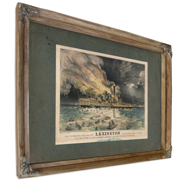 Awful Conflagration of the Steam Boat Lexington in Long Island Sound on Mond — Verdigris Framed Canvas Print | Bella Frye