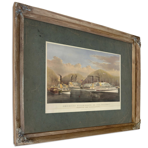 American Steamboats on the Hudson_ Passing the Highlands 1874 — Verdigris Framed Canvas Print | Bella Frye