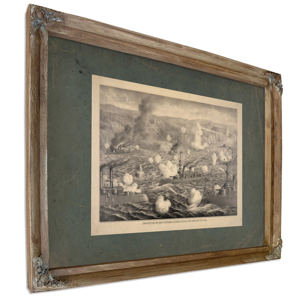 Destruction of Admiral Cerveras Spanish Fleet Off Santiago De Cube 1898 — Verdigris Framed Canvas Print | Bella Frye