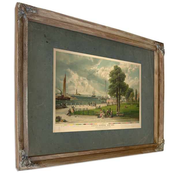 Castle Garden New York Showing Bartholdis Statue of Liberty 1887 — Verdigris Framed Canvas Print | Bella Frye