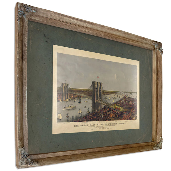 Grand Birds Eye View of the Great East River Suspension Bridge Connecting Th — Verdigris Framed Canvas Print | Bella Frye