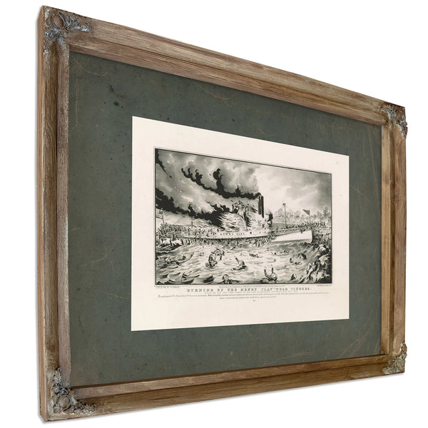Burning of the Henry Clay Near Yonkers_ While on Her Trip From Albany to New — Verdigris Framed Canvas Print | Bella Frye