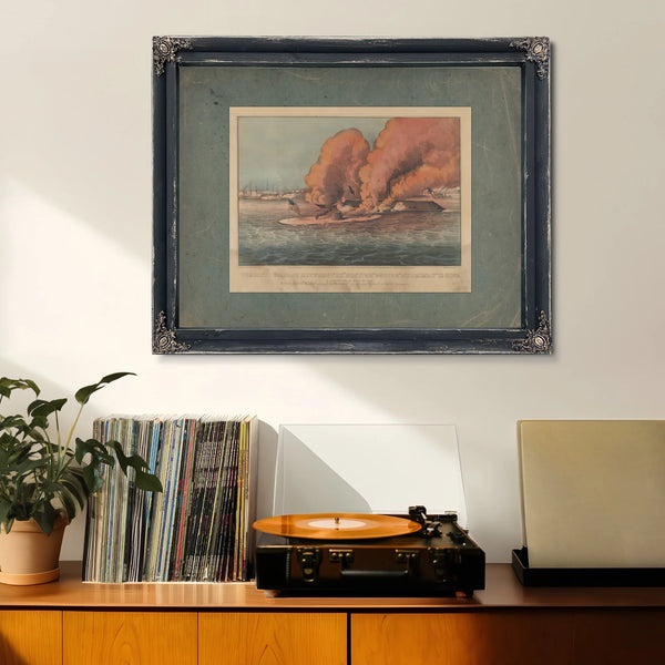Terrific Combat Between the Monitor 2 Guns Merrimac 11 Guns in Hampton Roads M — Framed Wall Art Room View | Bella Frye