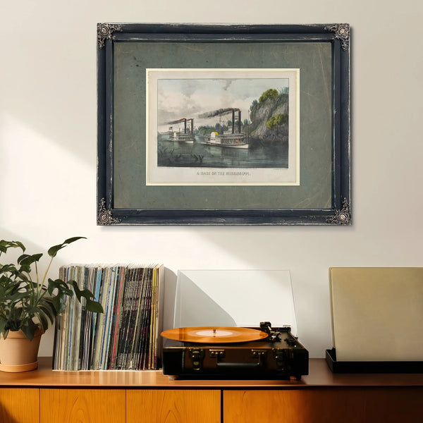 A Race on the Mississippi Currier Ives lithograph depicting steamboat race f — Framed Wall Art Room View | Bella Frye