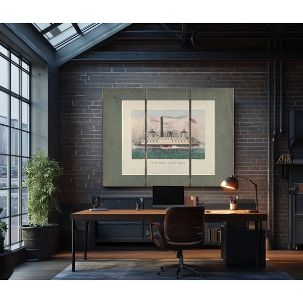 New York Ferry Boat Currier Ives lithograph depicting a side wheel steam fer — Framed Wall Art Room View | Bella Frye
