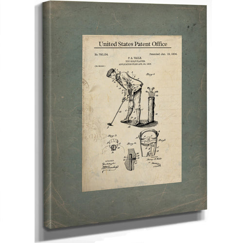 Us Patent No. 75134 Toy Golf Player by Pa Vaile January 19 194 — Stretched Canvas Print | Bella Frye