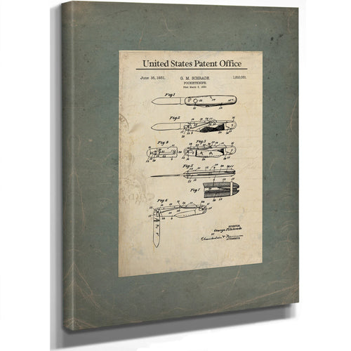 Us Patent No. 18131 Pocketknife by George M Schrade Filed March 3 193 — Stretched Canvas Print | Bella Frye