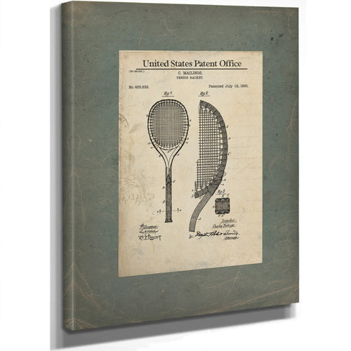 Us Patent No. 455632 Tennis Racket by C Mailings July 12 1891 — Stretched Canvas Print | Bella Frye
