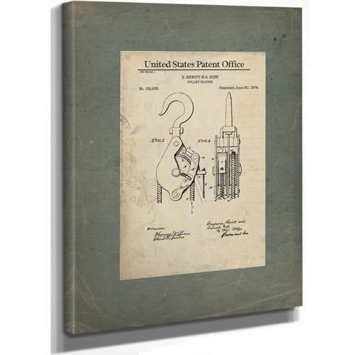 United States Patent No. 152635 Pulley Blocks by B Hewitt S Goff Patented June 3 1874 — Stretched Canvas Print | Bella Frye
