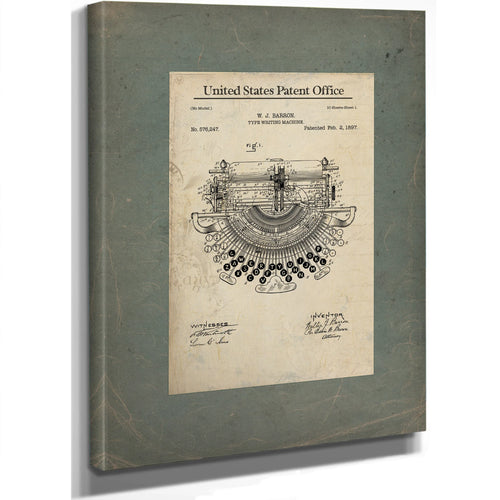 The Barron Typewriter Patent — Blueprint of the Written Word — Framed Wall Art Room View | Bella Frye
