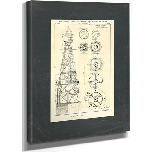 The Iron Sentinels of Trinity Shoal — Lighthouse Engineering Blueprint — Stretched Canvas Print | Bella Frye