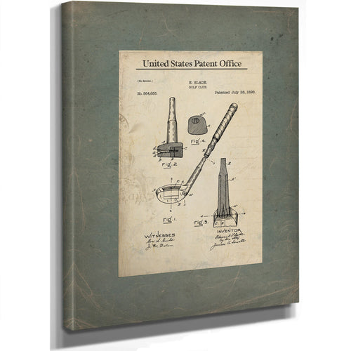 Us Patent No. 564655 Golf Club by E Slade (july 28 1896) — Stretched Canvas Print | Bella Frye