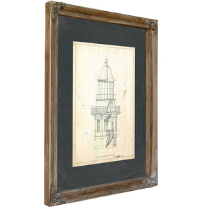 The Keepers Vigil — Lighthouse Lantern Room Architectural Blueprint — Verdigris Framed Canvas Print | Bella Frye