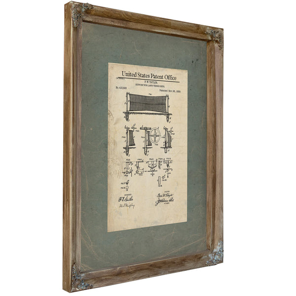 United States Patent No. 415825 Support for Lawn Tennis Nets by Fw Taylor November 26 1889 — Verdigris Framed Canvas Print | 