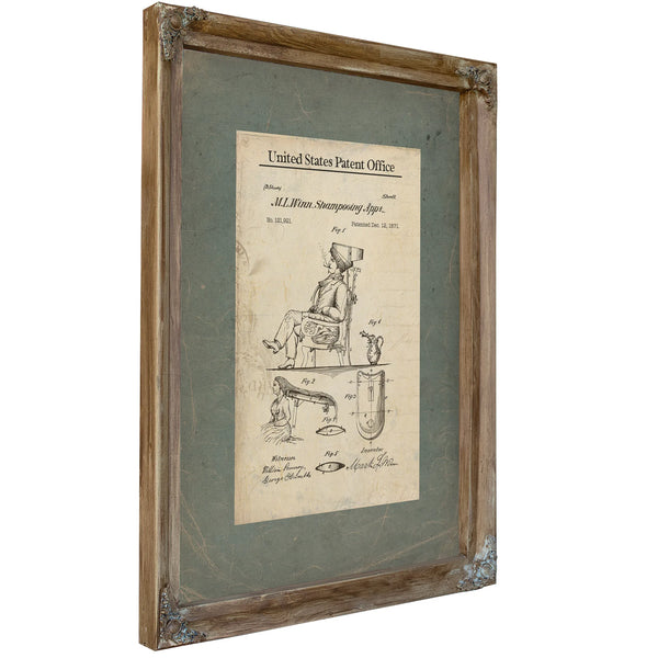 The Barbers Contraption — Patent for Human Grooming 1871 — Verdigris Framed Canvas Print | Bella Frye