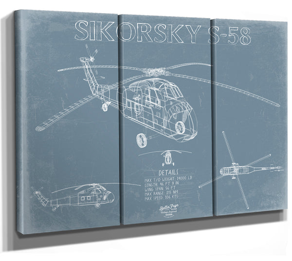 Sikorsky S-58 Aircraft Blueprint Wall Art - Original Utility Helicopter Print