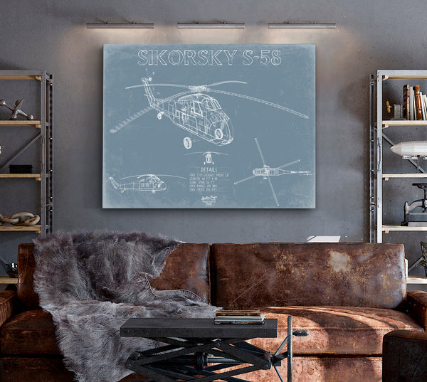 Sikorsky S-58 Aircraft Blueprint Wall Art - Original Utility Helicopter Print