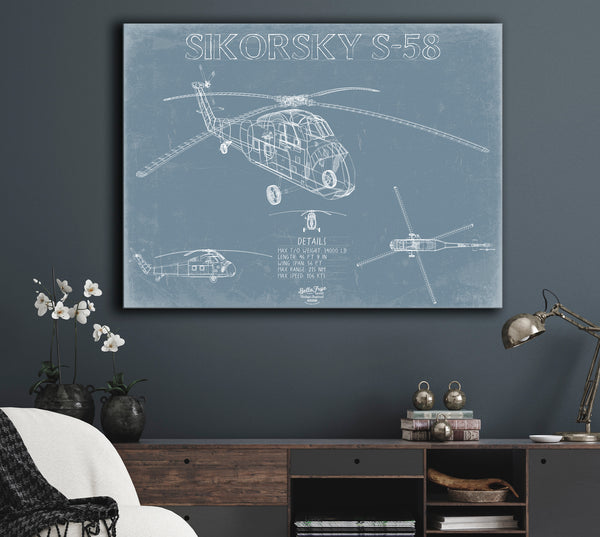 Sikorsky S-58 Aircraft Blueprint Wall Art - Original Utility Helicopter Print