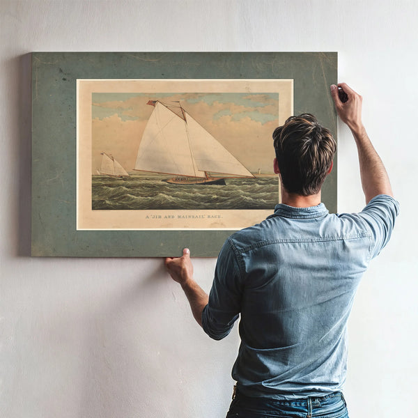 A Jib and Mainsail Race Currier Ives lithograph depicting American yacht r — Framed Wall Art Room View | Bella Frye