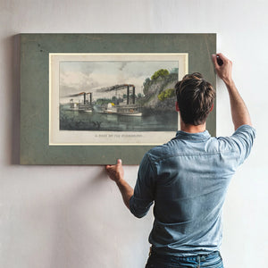 A Race on the Mississippi Currier Ives lithograph depicting steamboat race f — Framed Wall Art Room View | Bella Frye