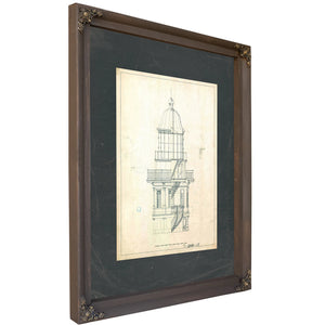 The Keepers Vigil — Lighthouse Lantern Room Architectural Blueprint — Bourbon Framed Canvas Print | Bella Frye