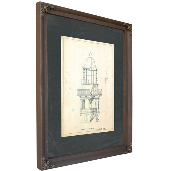 The Keepers Vigil — Lighthouse Lantern Room Architectural Blueprint — Bourbon Framed Canvas Print | Bella Frye