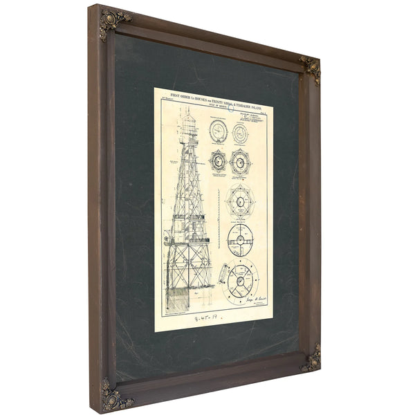 The Iron Sentinels of Trinity Shoal — Lighthouse Engineering Blueprint — Bourbon Framed Canvas Print | Bella Frye