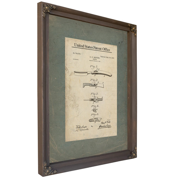 The Barbers Blade Patent Mintzer Straight Razor Blueprint — Bourbon Framed Canvas Print | Bella Frye