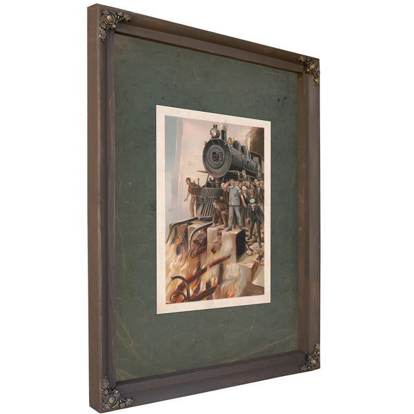 Train Halted by Fire With Crowd Watching 19th Century — Verdigris Framed Canvas Print | Bella Frye