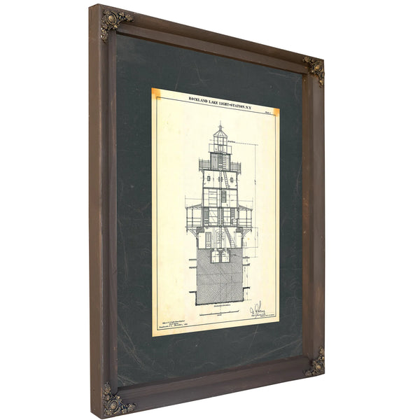 The Keepers Vigil Rockland Lake Lighthouse Blueprint — Bourbon Framed Canvas Print | Bella Frye