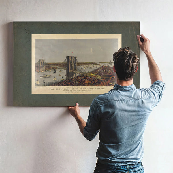 Grand Birds Eye View of the Great East River Suspension Bridge Connecting Th — Framed Wall Art Room View | Bella Frye