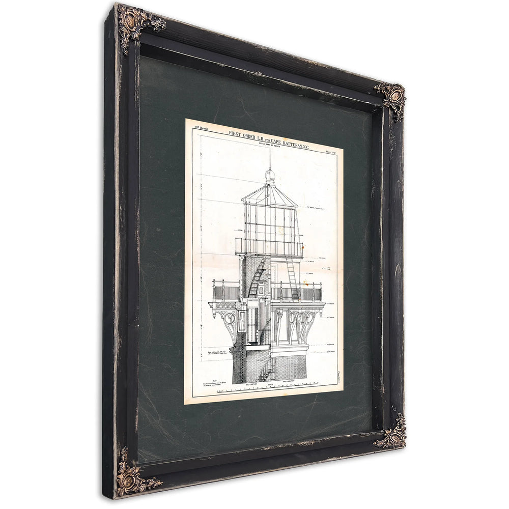 The Hatteras Lantern Room Blueprint — Guardian of the Graveyard of the Atlantic — Ebony Framed Canvas Print | Bella Frye