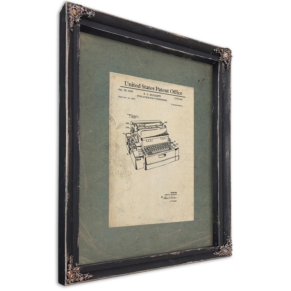 The Blodgett Mechanism — Patent Blueprint of the Electric Typewriter — Ebony Framed Canvas Print | Bella Frye
