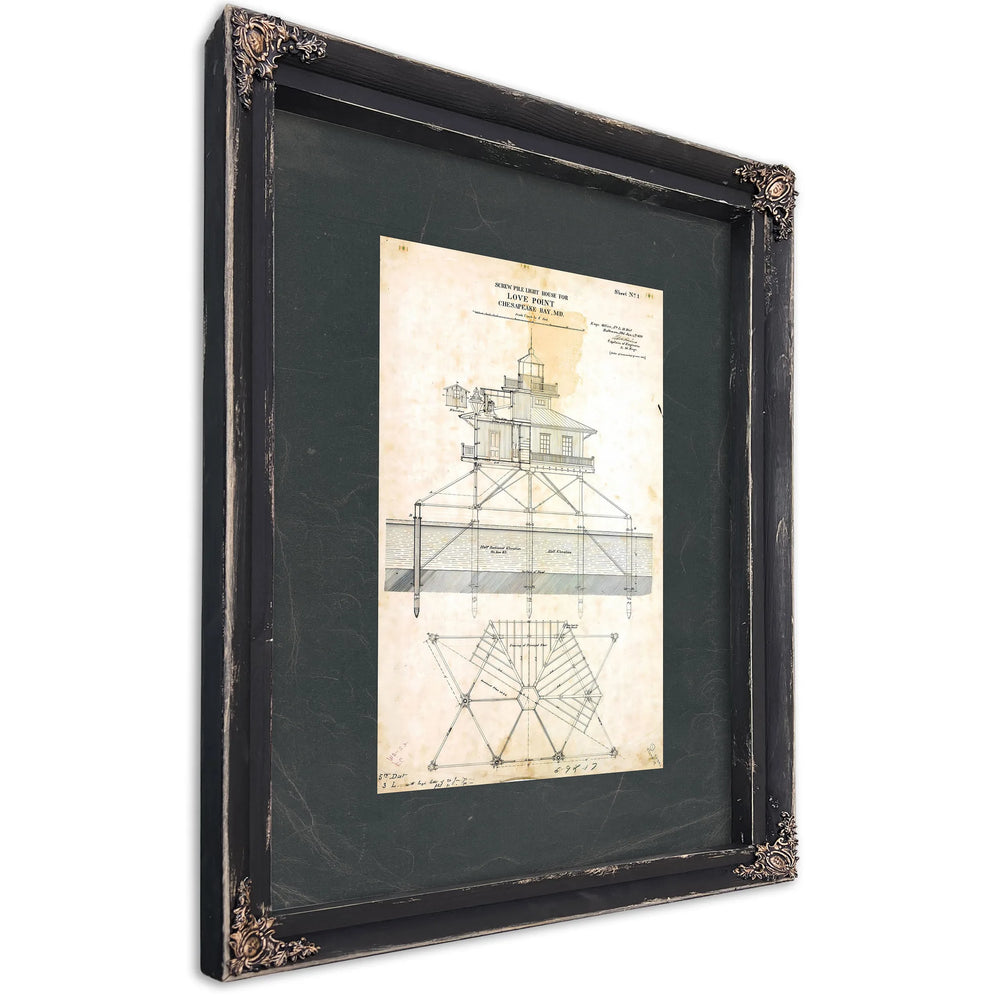 Love Point Lighthouse Blueprint Chesapeake Bay Sentinel Engineering Plans of 1871 — Ebony Framed Canvas Print | Bella Frye